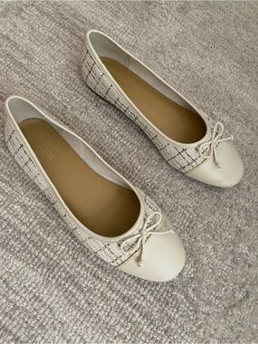 J. Crew Cream Tweed Cap-Toe Ballet Flats with Bow